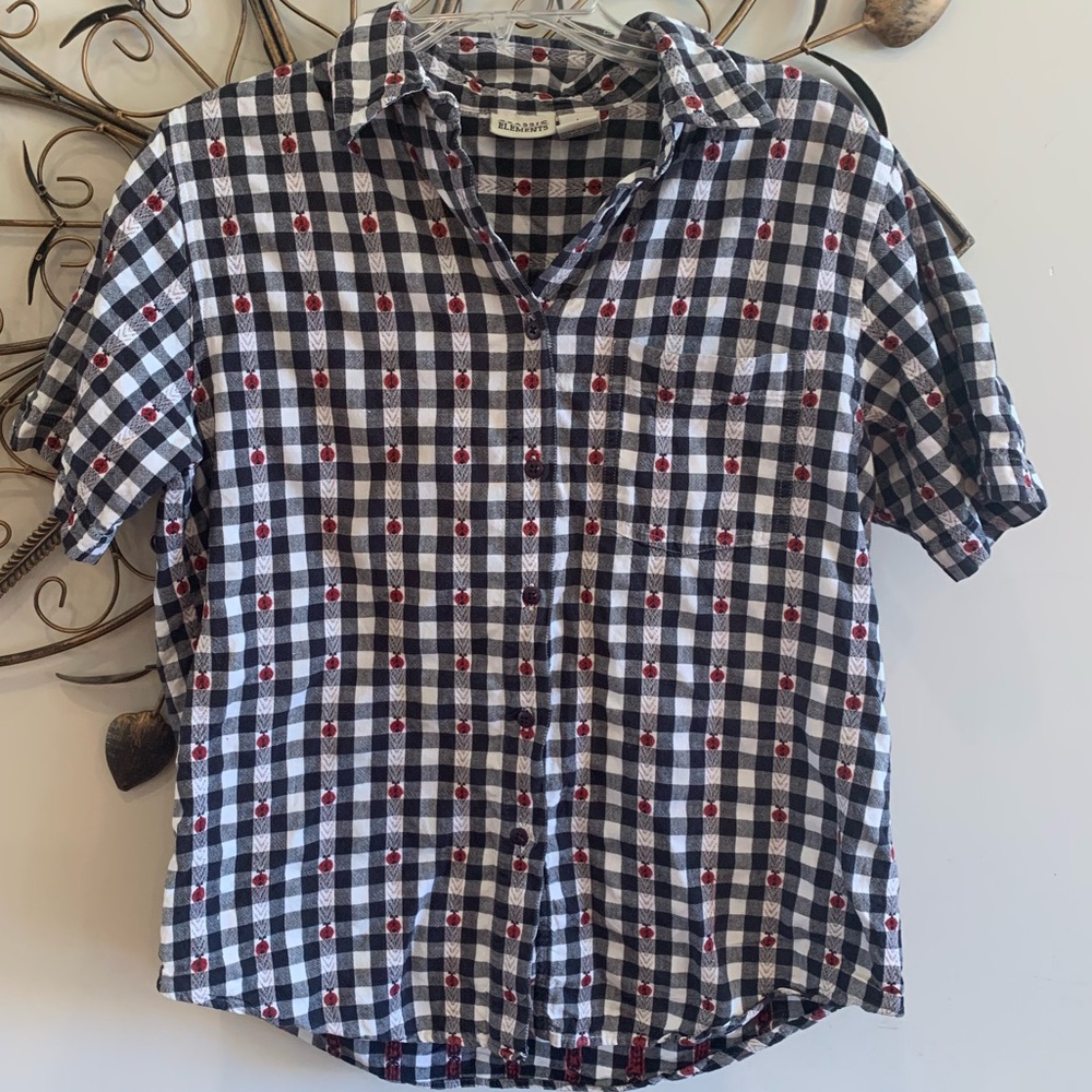 Classic Elements 100% Cotton Black and White Check Button-Down Shirt w/ Ladybugs